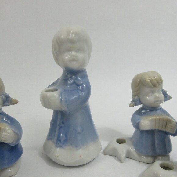 5 Blue Porcelain Figurine Angels Playing Musical Instruments Mini Candle Holders - Picture 4 of 9